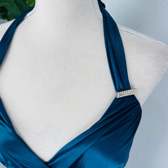 LOVE TEASE BLUE TEAL BLING SCRUNCH MINI BODY CON HALTER TOP DRESS - Picture 5 of 6